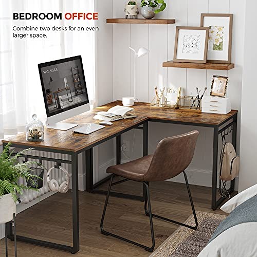 Computer Desk, Office Desk with 8 Hooks, for Study, 47.2-Inch Rustic Brown