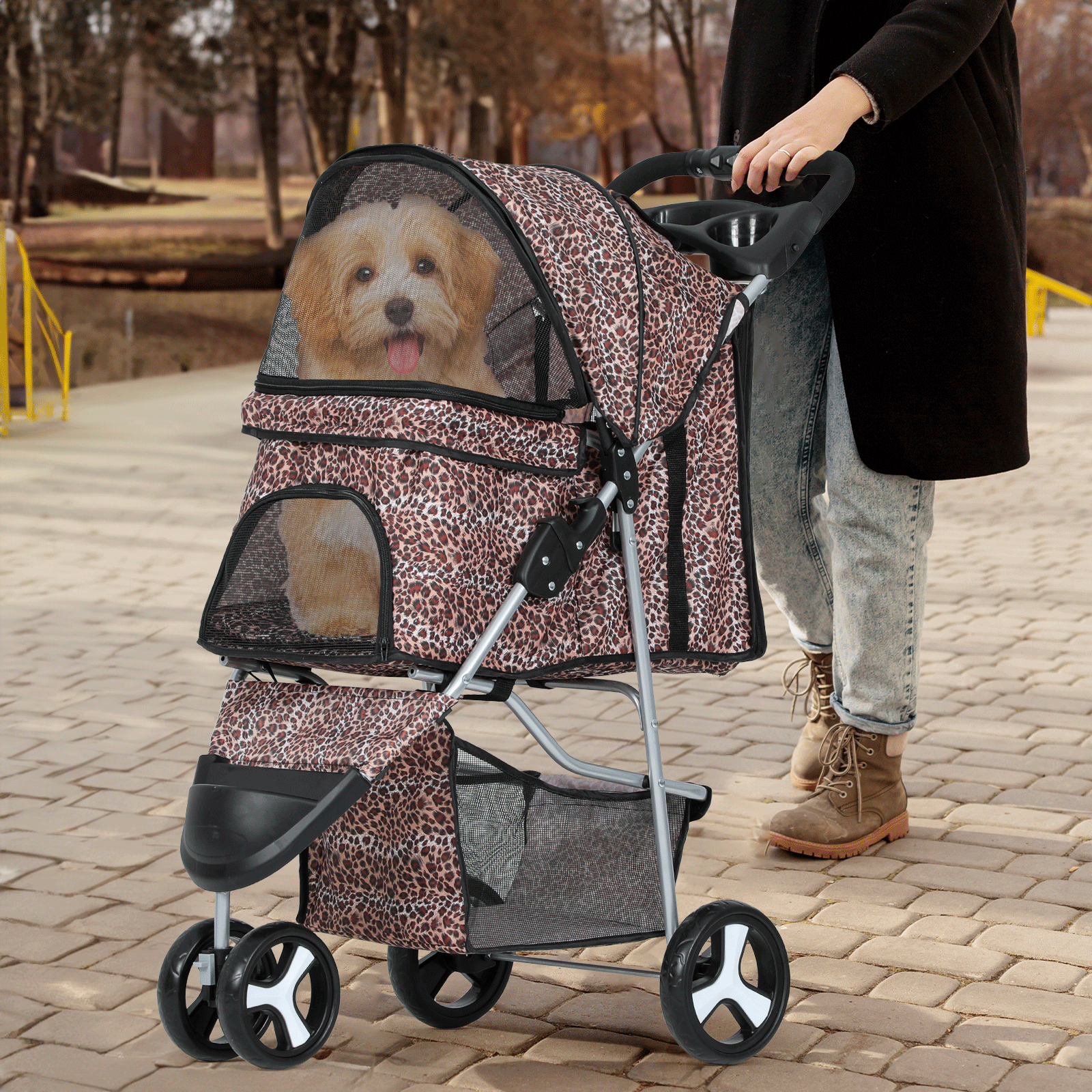 Portable Pet Dog Stroller Foldable 3 Wheels Puppy Travel Carrier Cart+Cup Holder