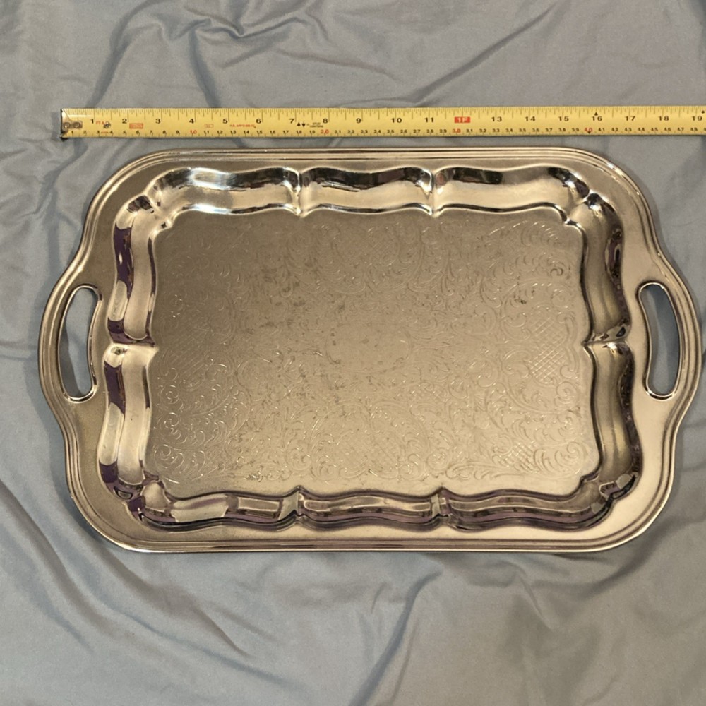 Silver-Plated Ornate Rectangular Serving Tray with Handles, 20 Inches