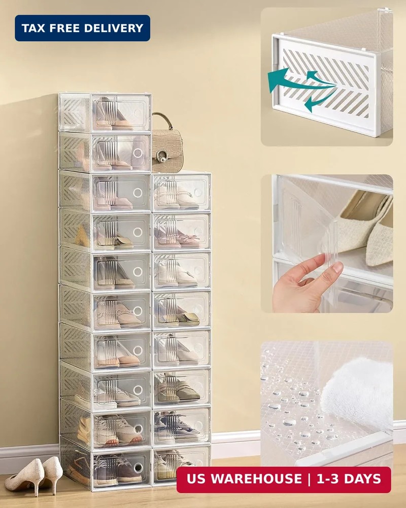 SONGMICS Stackable Shoe Boxes, Foldable Shoe Storage Organizers, Ventilated, for