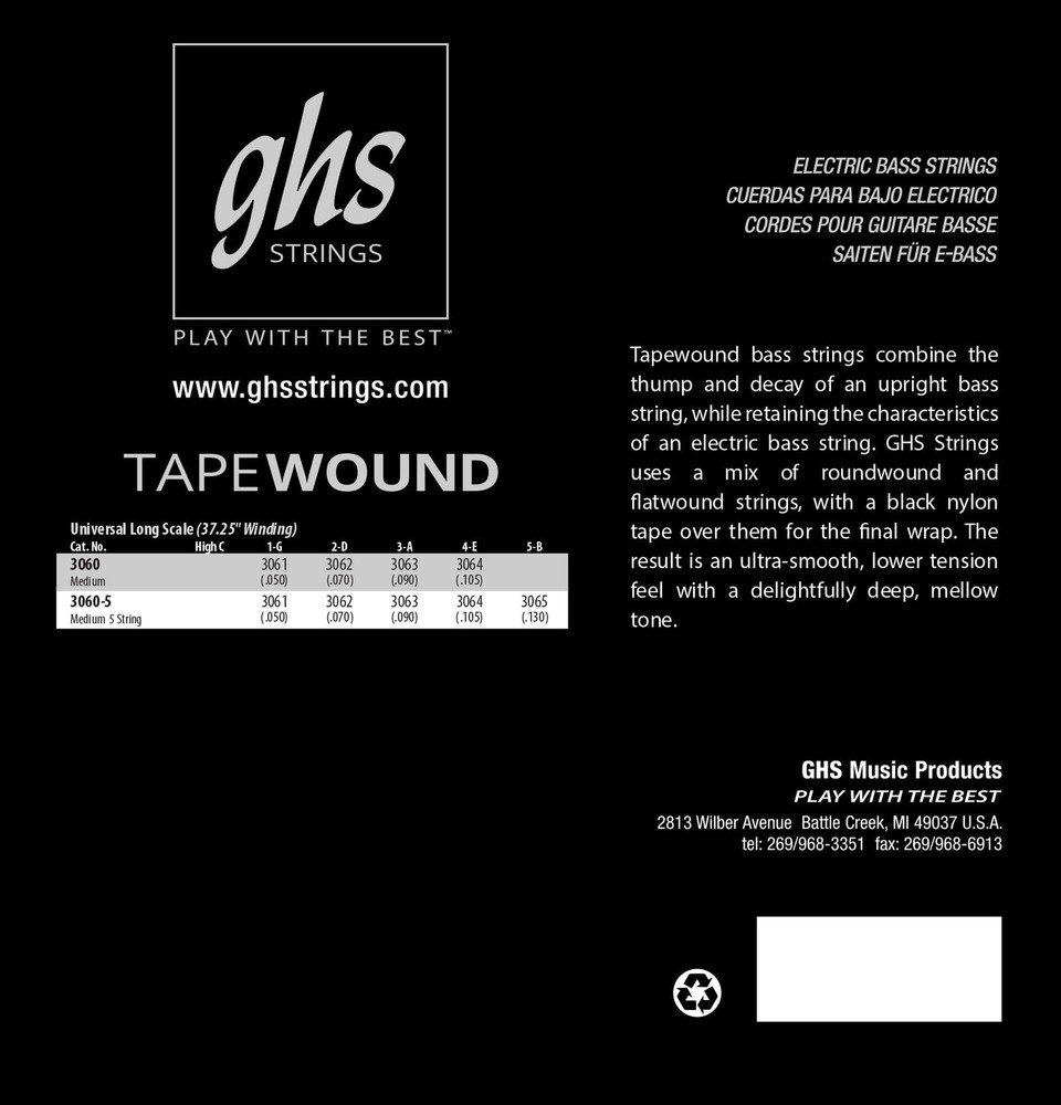 GHS Strings, Bass Strings, Black Tape Wound Bass 5 String Set, Medium, Model:...
