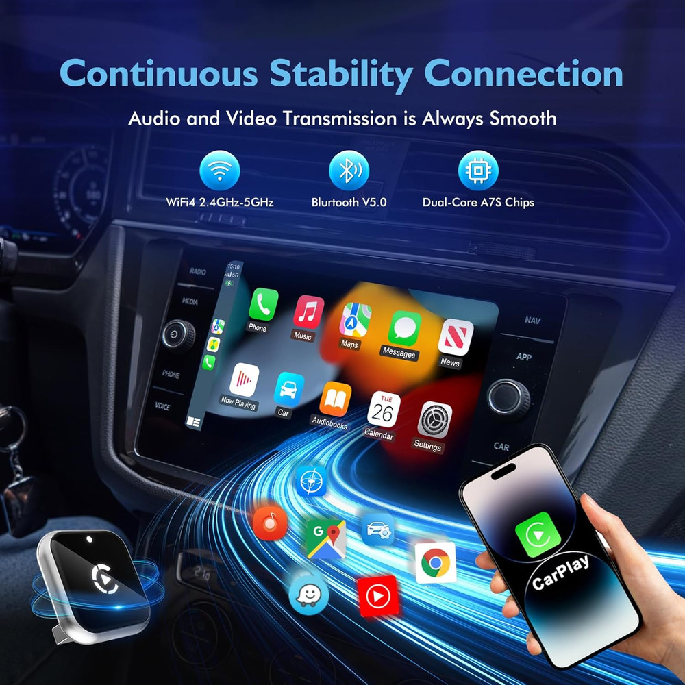 Mini L-Type & Ultra-Thin CarPlay Adapter, Wireless and Bluetooth Latency Free Co