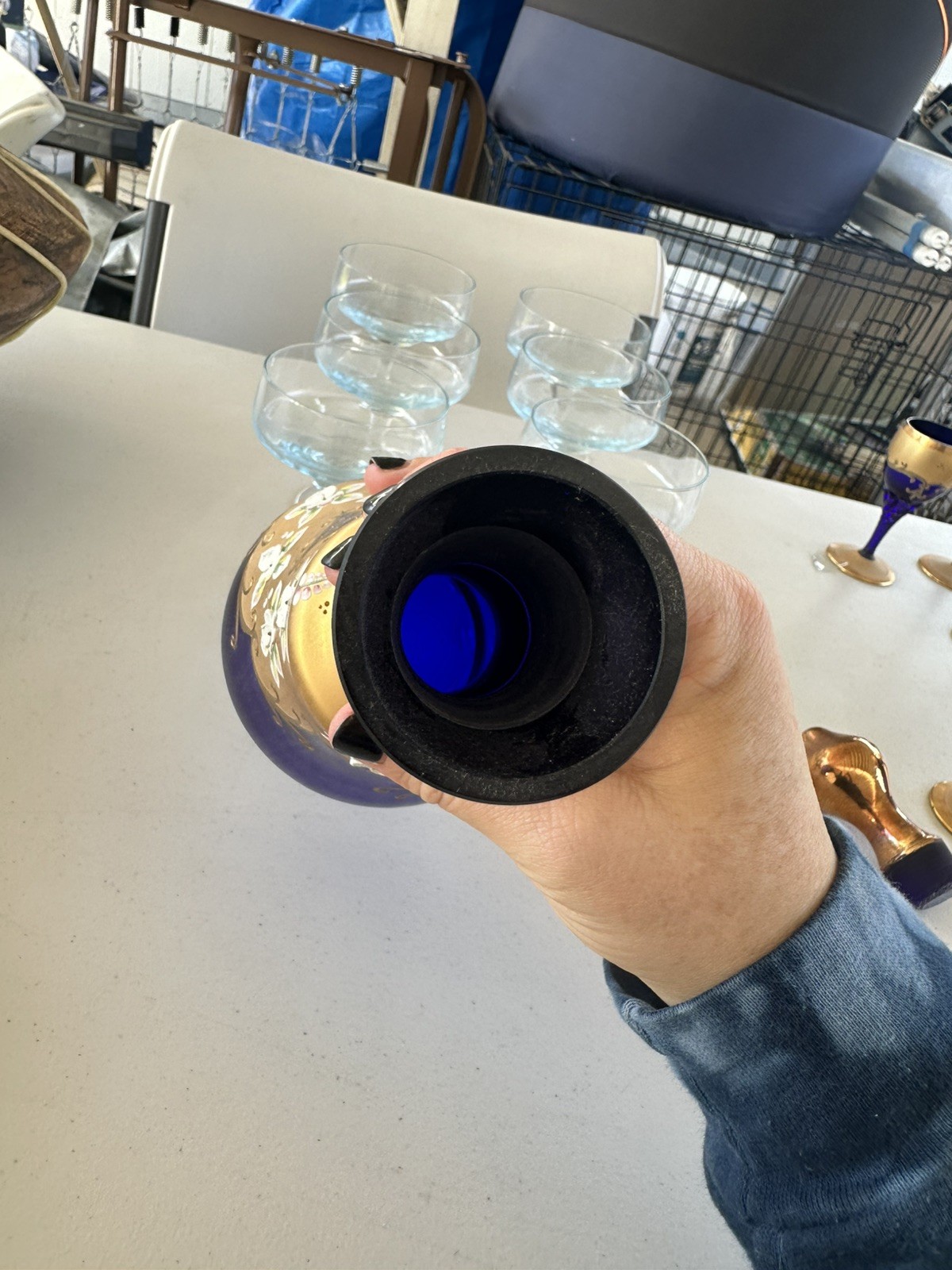 Antique Bohemian Moser Cobalt Blue Enamel Flowers Decanter & 6 Glasses Set