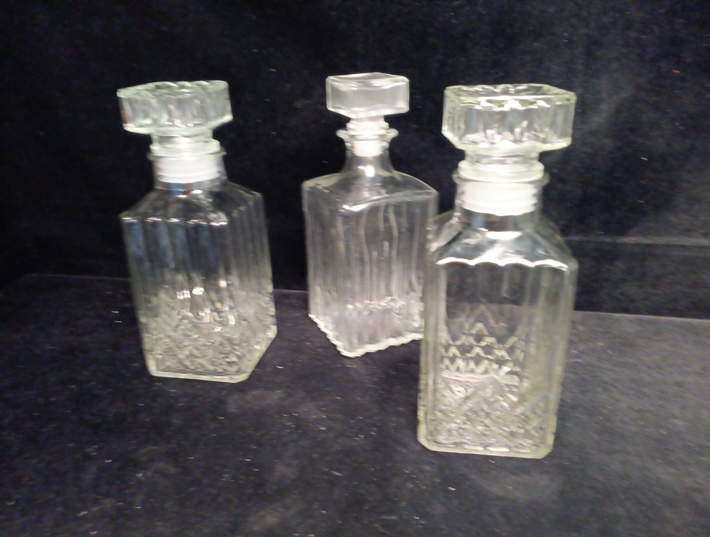3 Square Heavy Crystal Glass 1 Glass Decanter 9"x3.5" Stoppers Great Condition