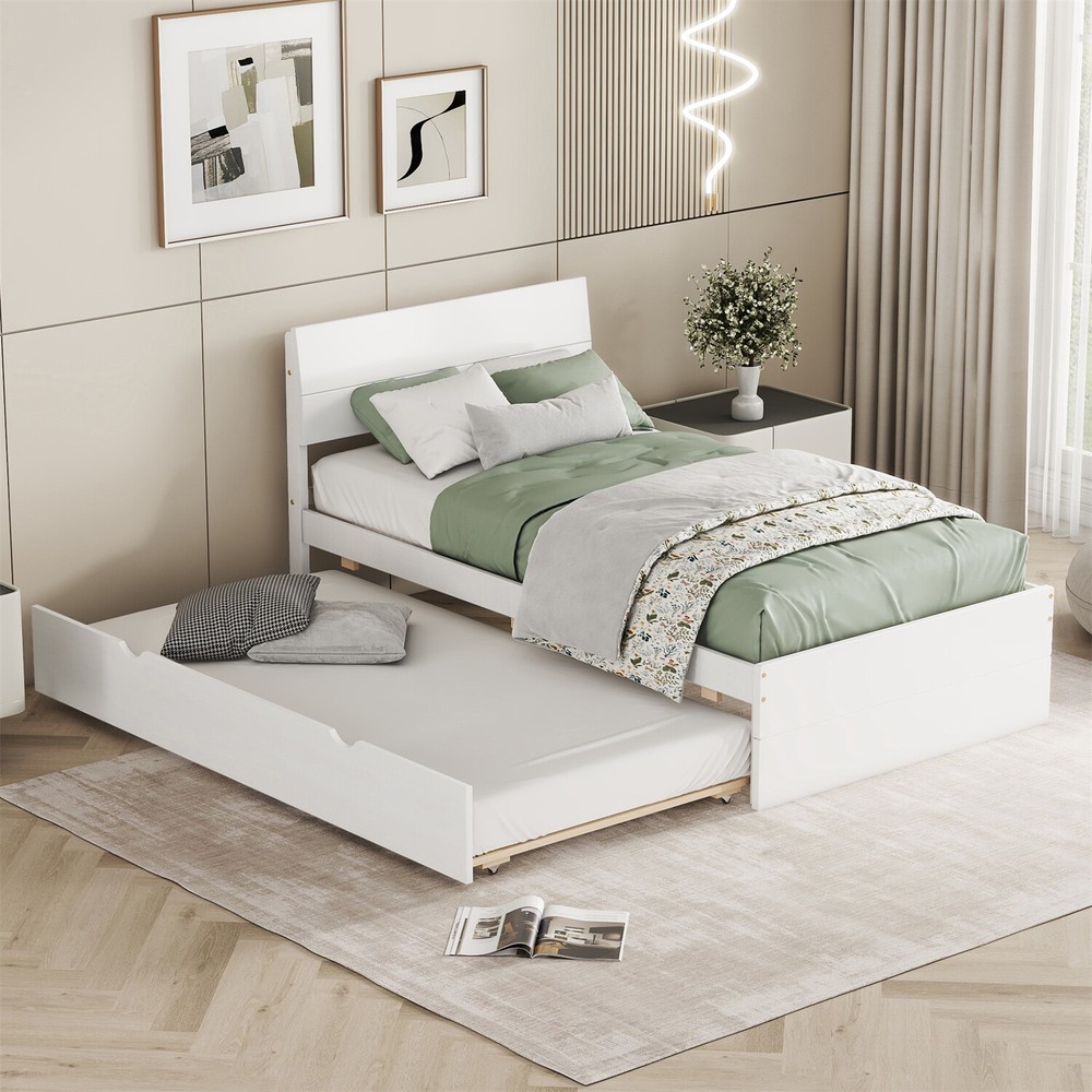 Twin Size Bed Frame Wood Platform Bed Frame w/ Headboard & Pull Out Trundle