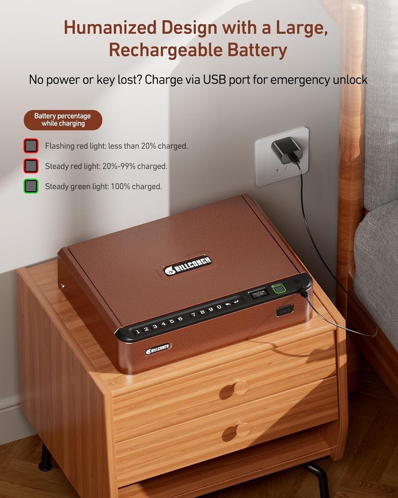 Smart Gun Safe W/ Security Cable Biometric Gun Safe Handgun 4 Ways Quick Access