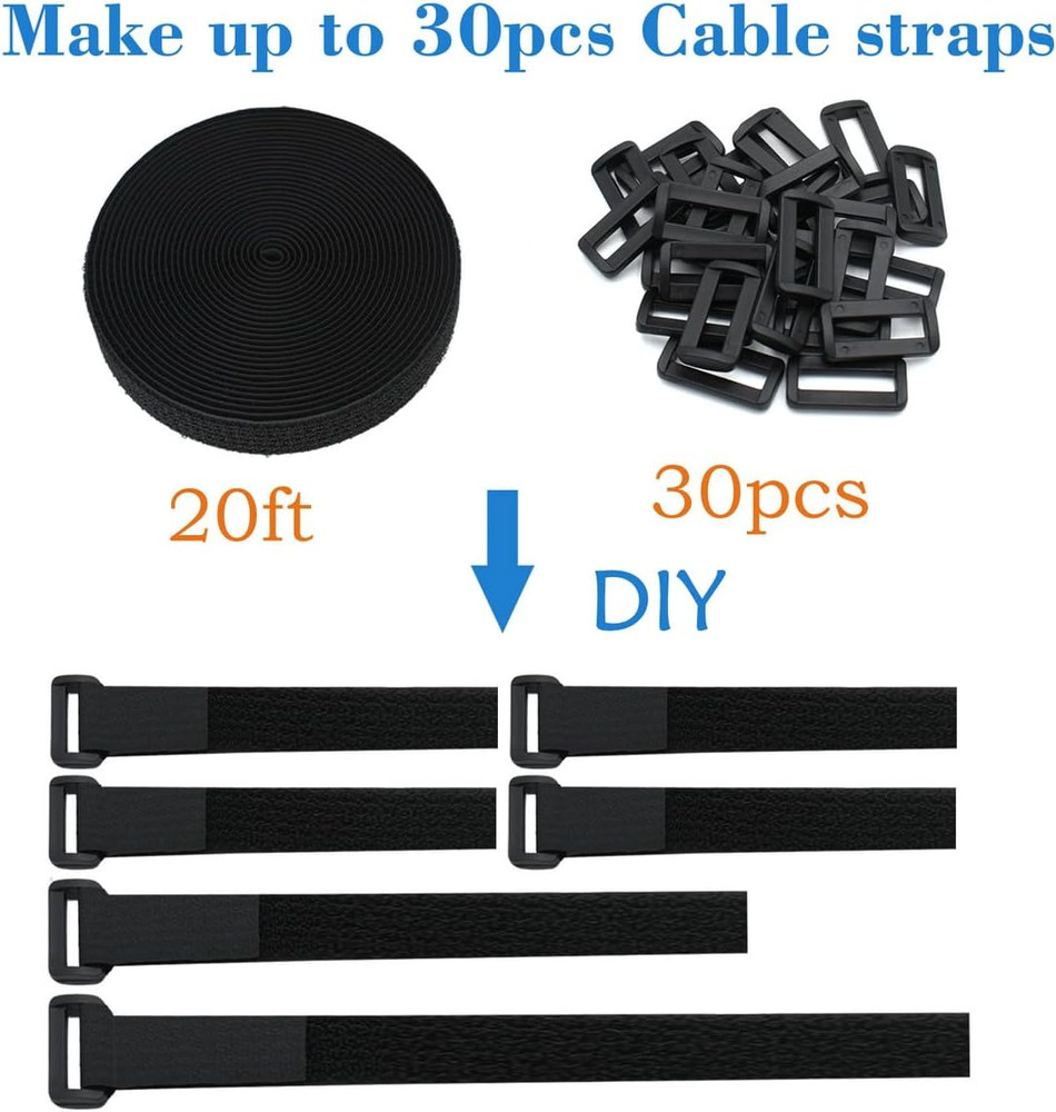 1"X20Ft Hook and Loop Straps, with 30 Plastic Buckles, Adjustable Fastening Cabl