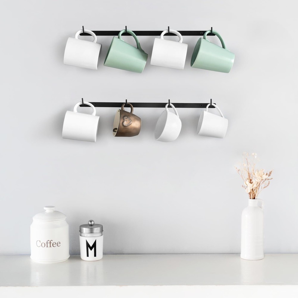 2 Pack Wall Mounted Metal Coffee Mug Holder Rack with 8 Hooks for Kitchen Dining