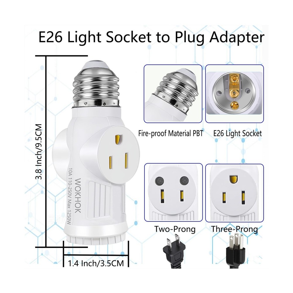 Light Socket to Plug Adapter,Convert E26 Light Socket to 2/3 Prong Outlet Ada...