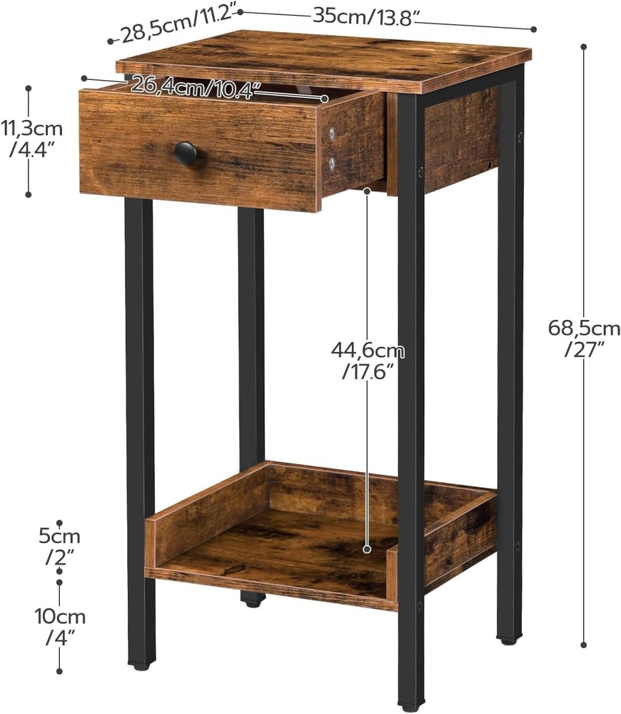 Tall End Table Nightstand Industrial Side Table W/ Drawer & Storage Shelf Study