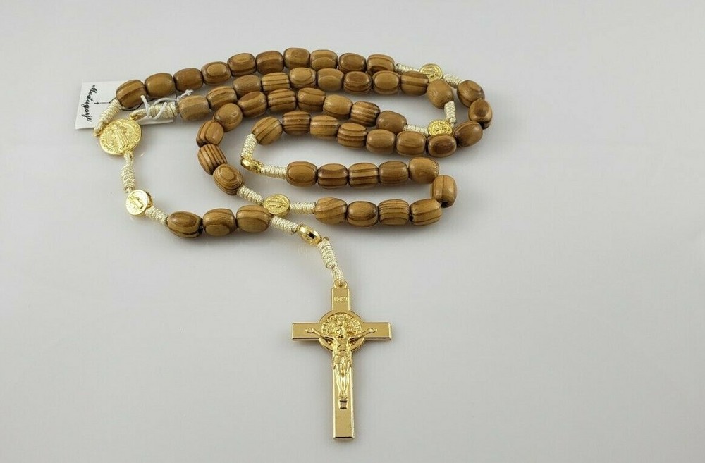 Medjugorje St Benedict LT BRWN Wooden Beads Catholic Rosary Handmade