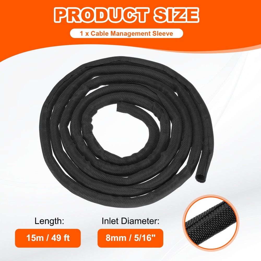 Wire Split Braided Cable Management Sleeve, Black (5/16" - 49 Feet)