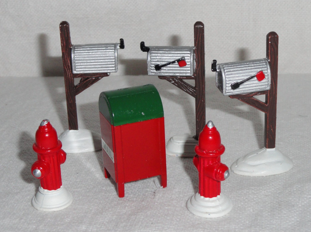 6 pc Dept 56 Accessories ~ 3 Mail Boxes on Post ~ Mail Box ~ Fire Hydrants