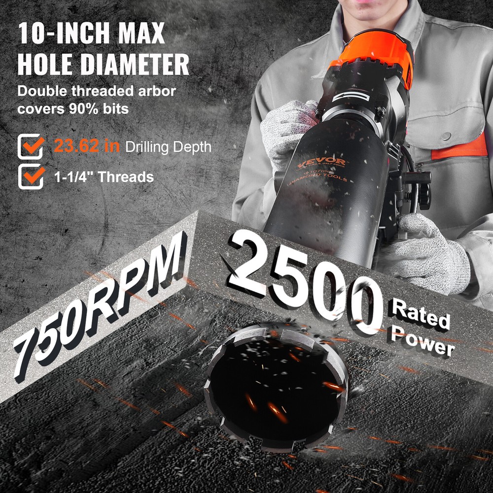 10in Electric Diamond Core Drill Machine Concrete Core Drill Rig Casters 2500W