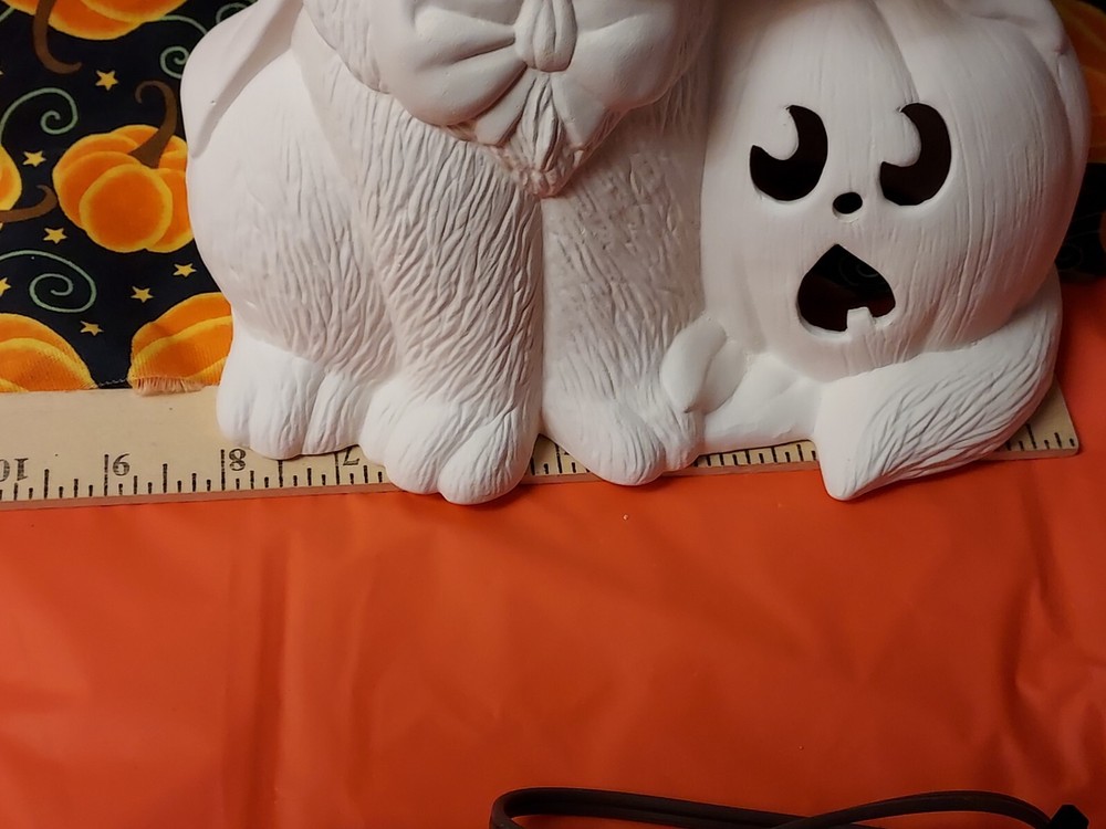 Ceramic Bisque ~ Ready to paint~ Cat Wearing Witch Hat with Pumpkin & light kit