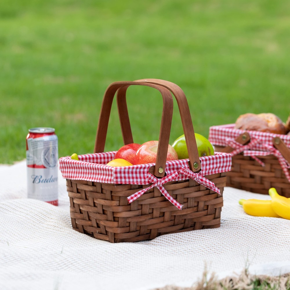 Wickerwise Small Rectangular Woodchip Picnic Baskets with Double Twin, Brown