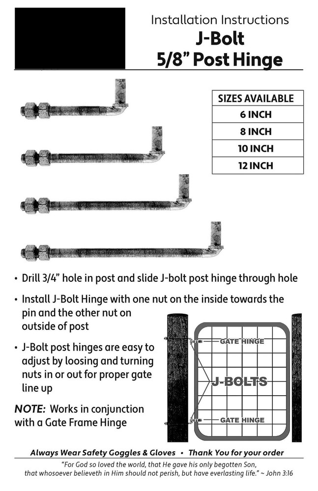 J-Bolt Post Hinge 10" - Hinge Bolts Thru The Post Includes Nuts - J-Bolt Hing...