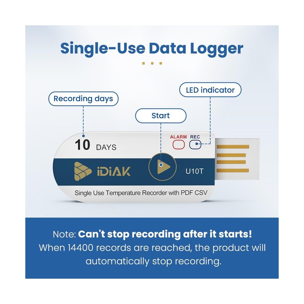 U10T 20 Pack USB Temperature Data Logger Single Use Temp Recorder with PDF an...