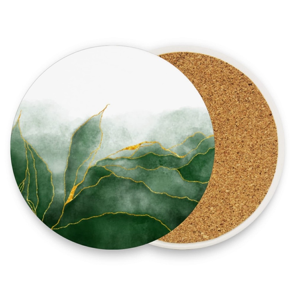 Green Coasters for Drinks Absorbent Ceramic Coaster Set Cork Base Cups Place ...