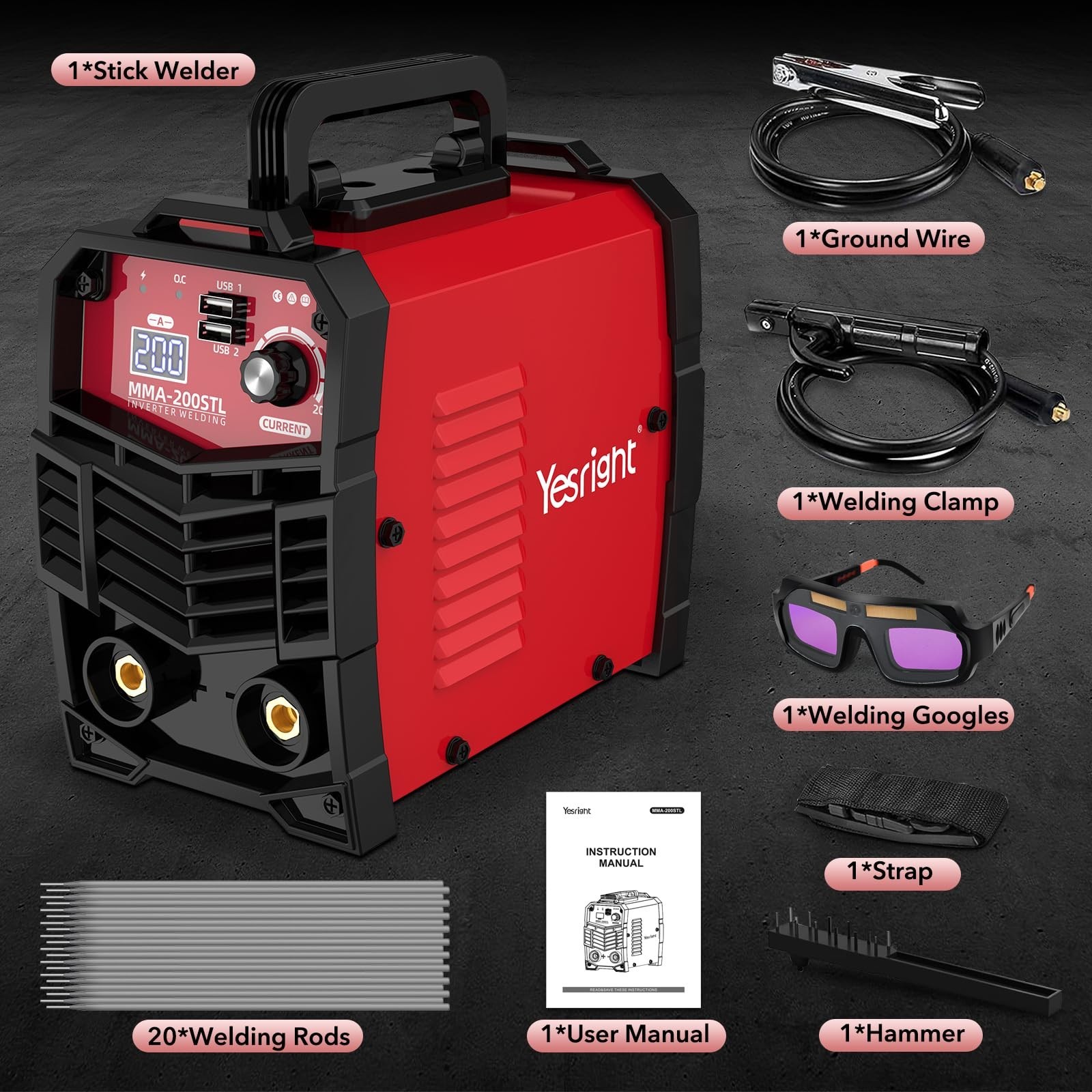 YesRight Portable Stick Welder Kit 200A, 110V IGBT Inverter Machine with Goggles