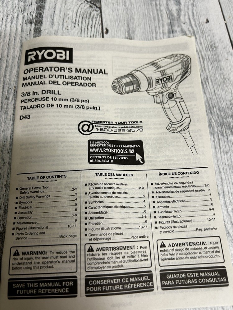 Ryobi 3/8 Inch Corded Power Drill 5.5 Amp Variable Speed Trigger D43