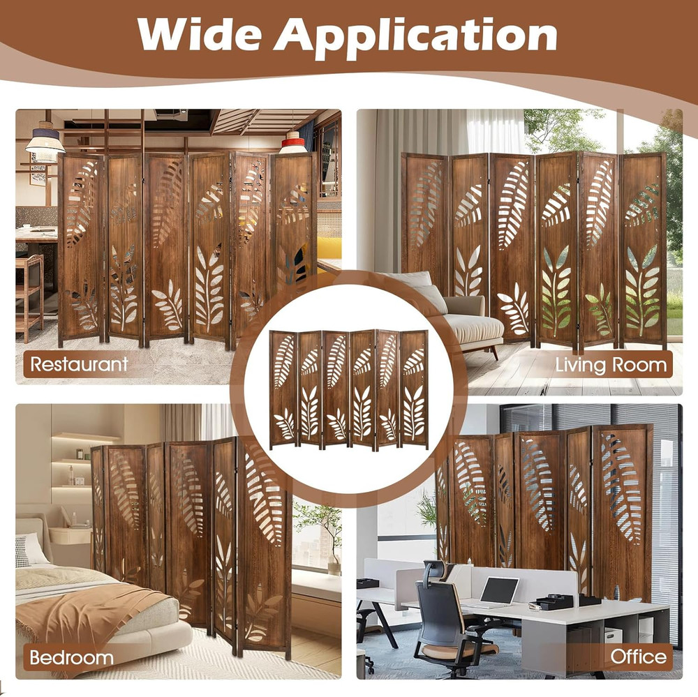 Boho Rustic Room Divider, 6 Panel Carved Leaf Folding Wood Screen, Fully Assembl