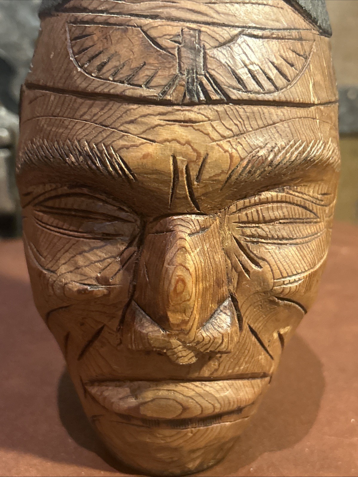 Antique Native American Hand Carved Medicine Man Cedar Mask Head Sculpture Rare