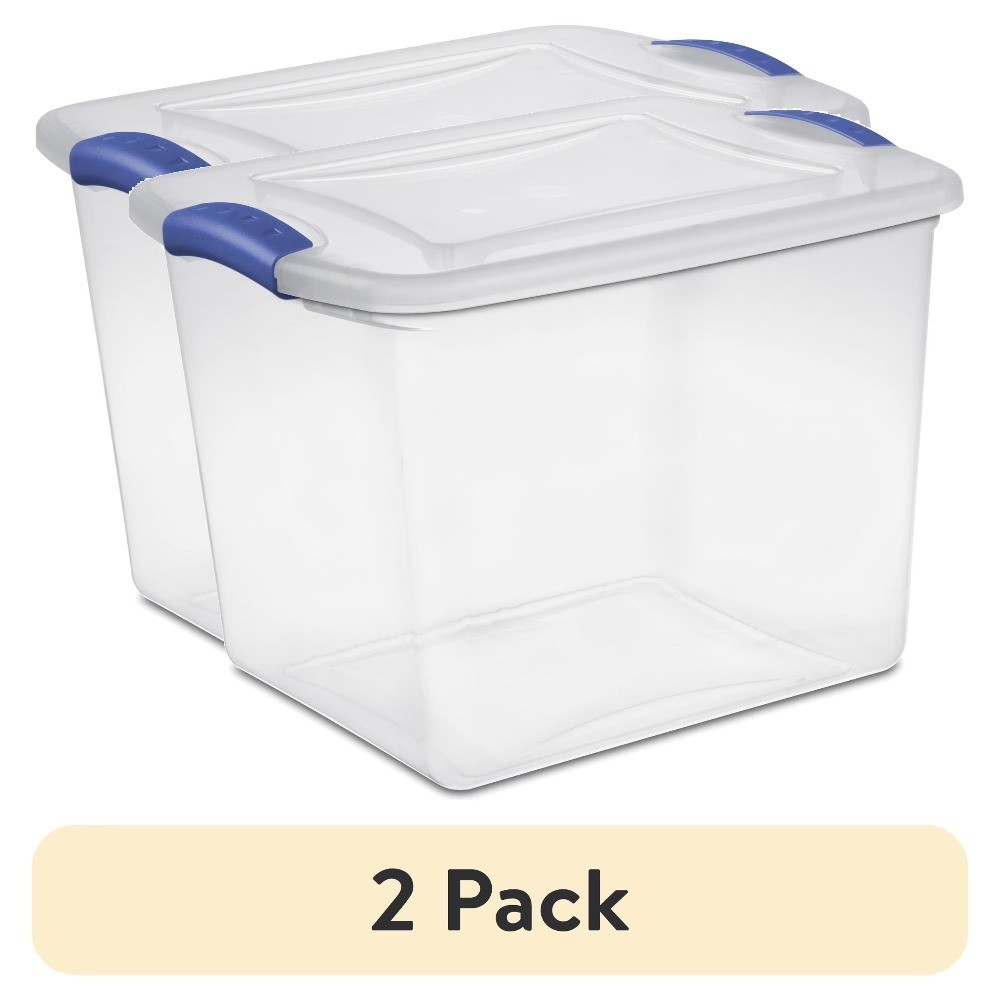 2-Pack 27 Quart Clear Plastic Storage Bin with Blue Latching Lid Medium