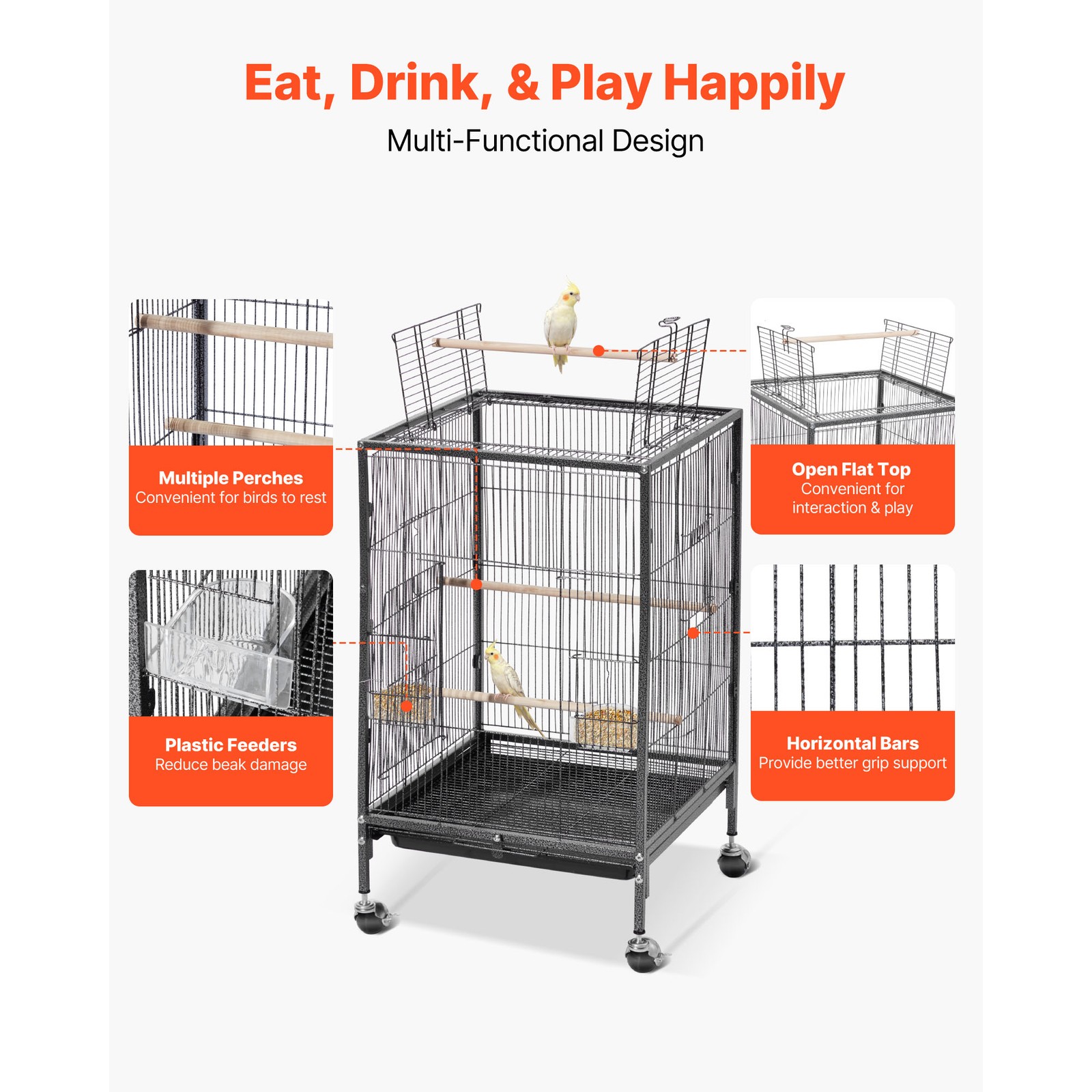 Uimoso Bird Cage with Open Flat Top, 18 x 18 x 30 inch, Wrought Iron Design