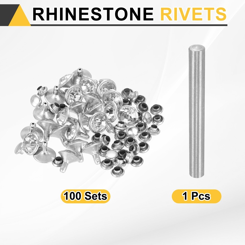 100pcs Crystal Rivets 10mm Rhinestone Stud with Installation Tool, Silver Clear