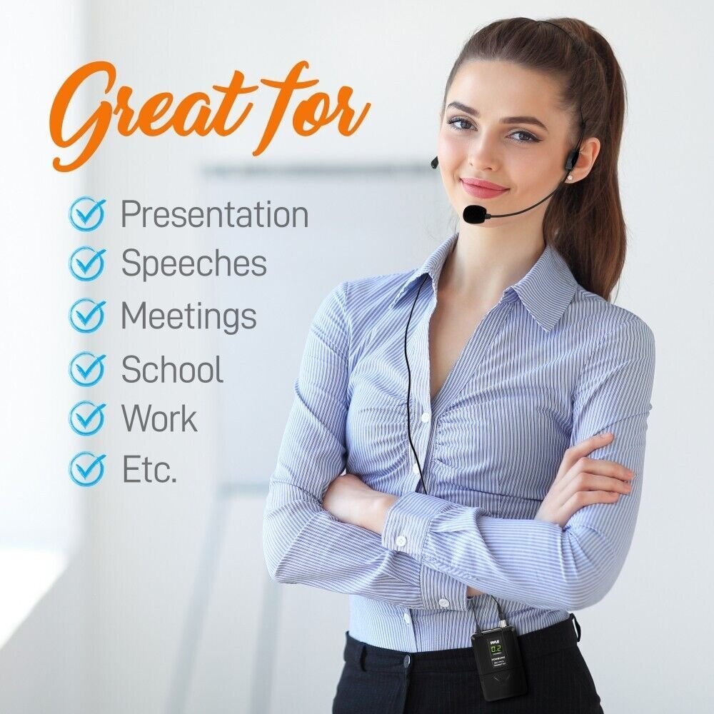 Pyle UHF Wireless Microphone System 2 Lavalier 2 Headset Microphones - Black