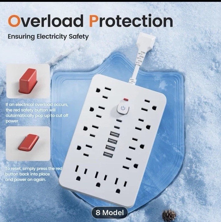 10Ft Extension Cord with Multiple Outlets, Flat Plug Surge Protector Power Strip