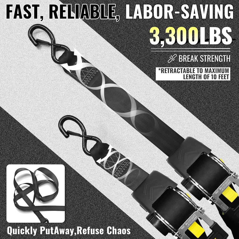 KJE Retractable Ratchet Straps, (4) 2" x 10' Automatic Tie Down Strap Sets + (4)