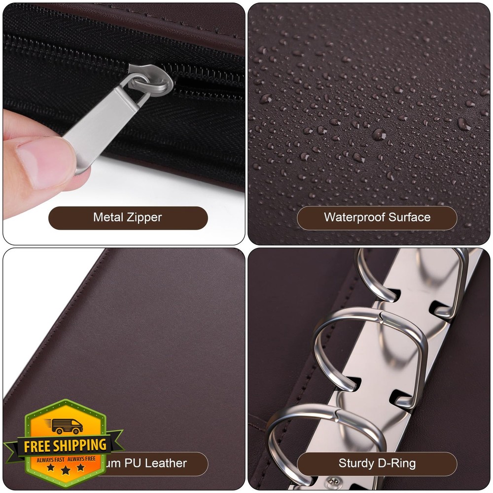 Antner Zippered Checkbook Binder 7 Ring Dark Coffee PU Leather