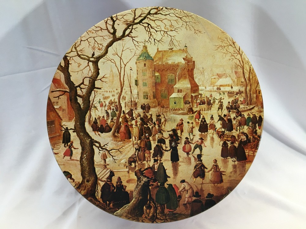 8" Round Tin Vintage Ice Skaters EMPTY