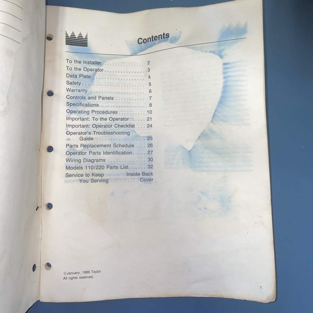 1986 Taylor Ice Cream Operator’s Manual For Model 110/220