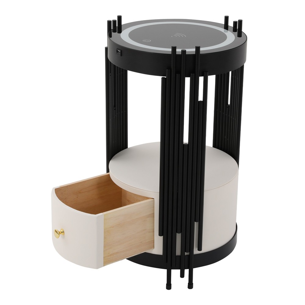 LED Bed Side Table Smart Nightstand w/ Wireless Charging Station Side/End Table