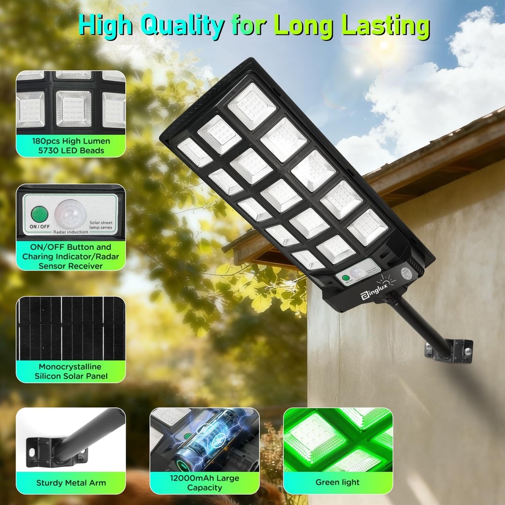 Hog Lights 20000LM Solar Green 9.3" Bracket Motion Sensor 65FT Remote Waterproof