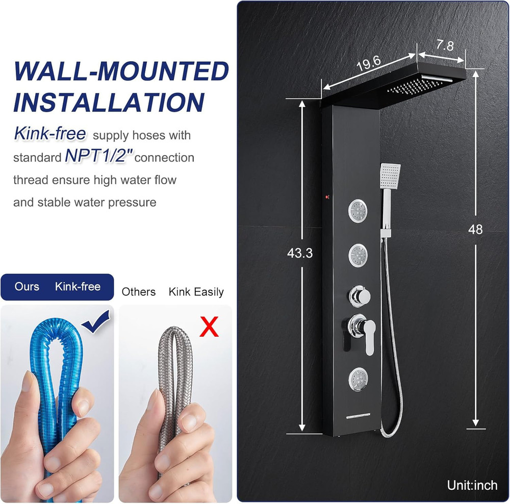 LED Shower Panel Tower System with Rainfall Waterfall Shower, Black Shower Tower