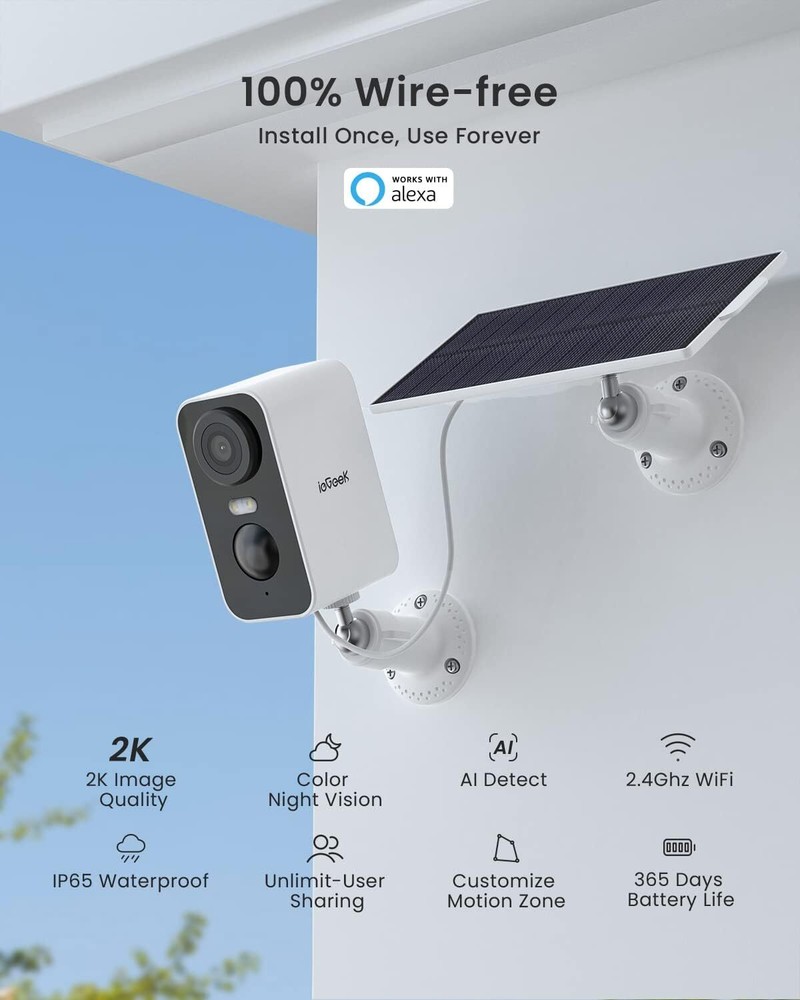 2K Wireless WiFi Night Vision Solar Powered Security Camera，rechargeable battery