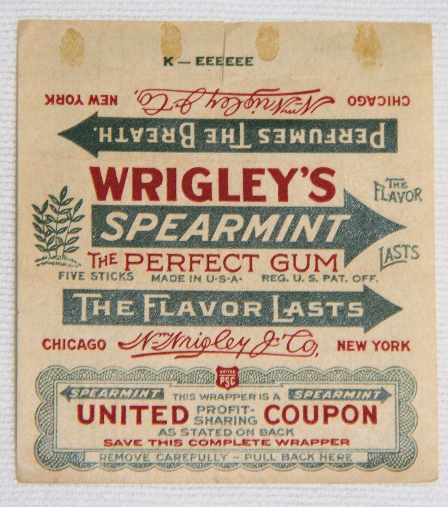 ORIGINAL WWII WRIGLEY'S SPEARMINT CHEWING GUM WRAPPER W/ PROFIT SHARING COUPON