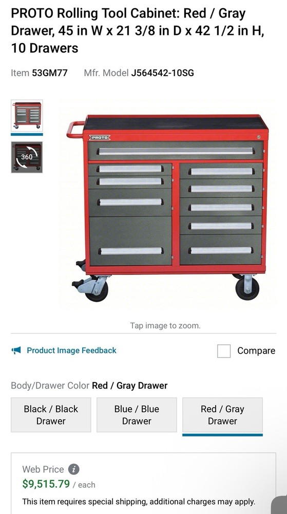 Proto 10-Drawer Heavy-Duty Rolling Tool Box Cabinet