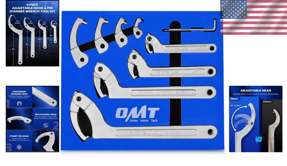 8pc Adjustable Pin Spanner Wrench Set with Changeable Heads