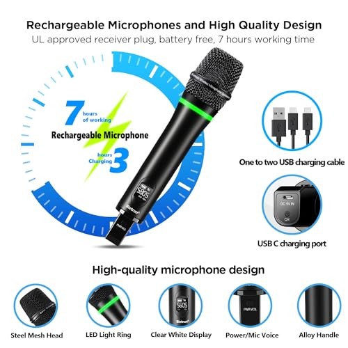 Wireless Microphone, Rechargeable Metal Dual UHF Cordless Dynamic Handheld