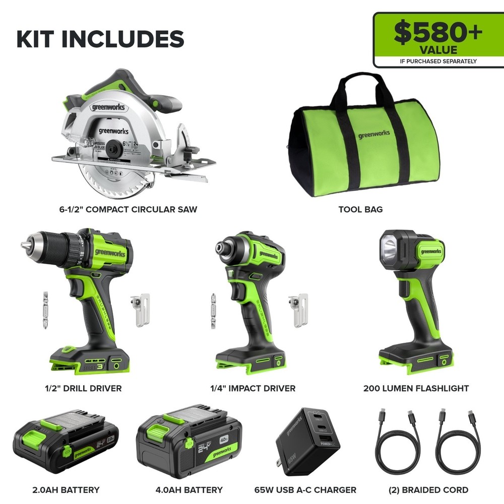 Greenworks 24V 4 Power Tool Set - Drill, Impact Driver, Circular Saw, Flashlight