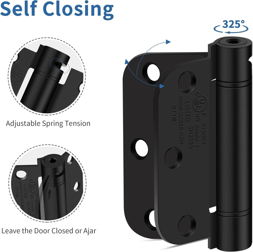4 Pack 3.5 Inch Self Closing Door Hinges 5/8" Radius Corners Spring Loaded Hinge