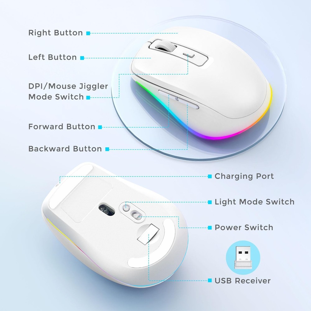 Wireless Mouse LED With Jiggler Mover Rechargeable Undetectable White Computer