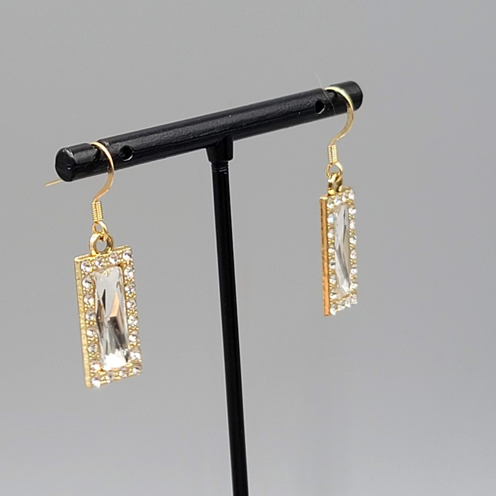 Clear Rhinestone Rectangle Pierced Earrings Gold tone Dangle 7/8"
