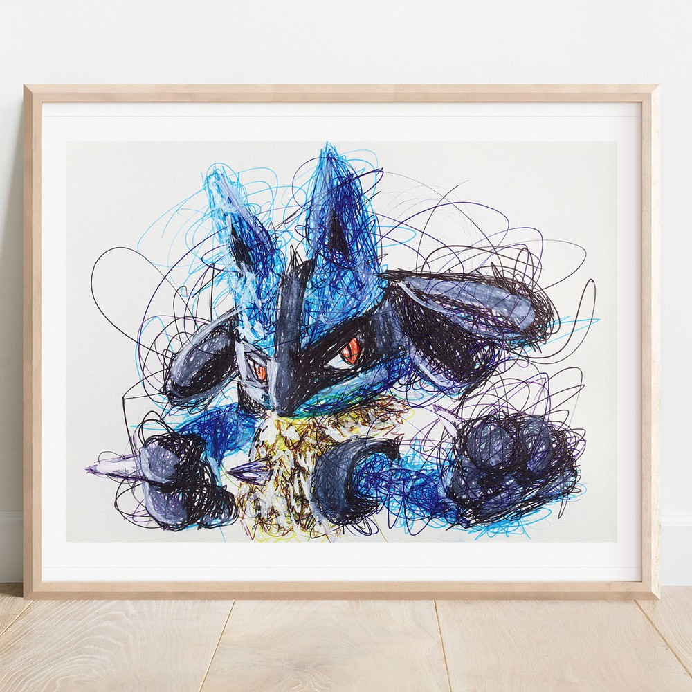 Lucario Ballpoint Pen Print, Pokemon Art Poster