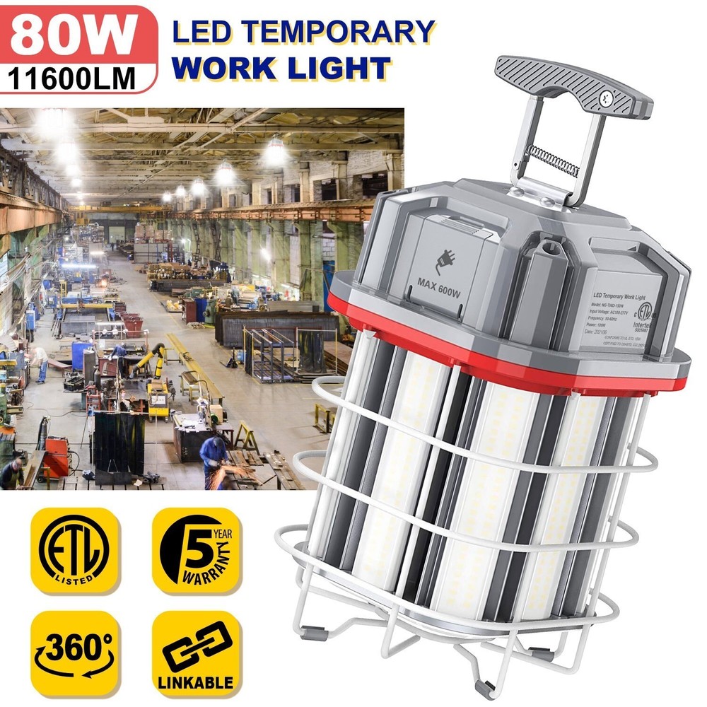 80W LED Temporary Work Light Construction Lights Warehouse Lighting Plug-n-Play